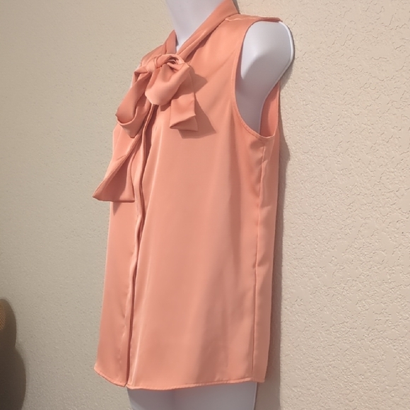 Donna Karan peach satin sleeveless tie neck detail hidden button down blouse - Picture 8 of 14